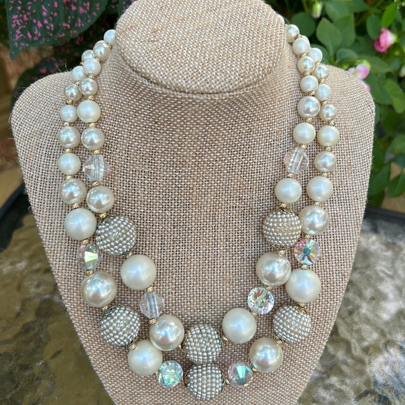 Vendome Vintage Faux Pearl & AB Crystal Necklace and Matching Cluster Clip Ons - Picture 7 of 16